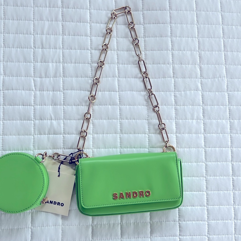 NWT $360 SANDRO totemo shoulder bag LIME GREEN with gold chain +zip coin purse - Picture 13 of 13